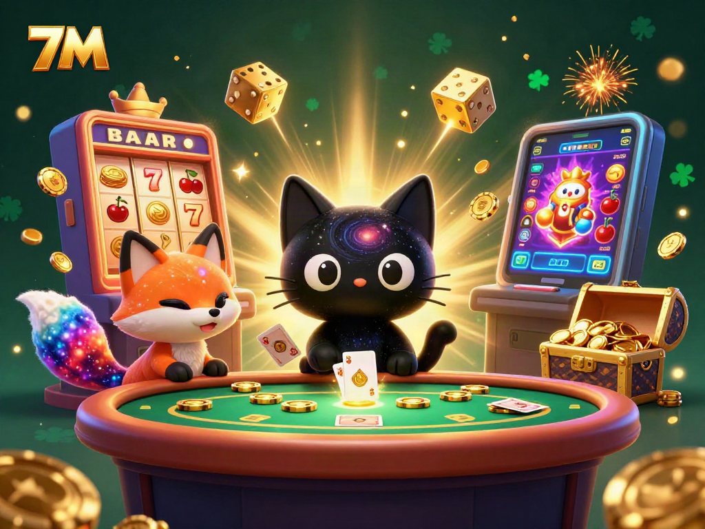 7M interactive world of gambling showcased with a cosmic cat and fox at a casino table.
