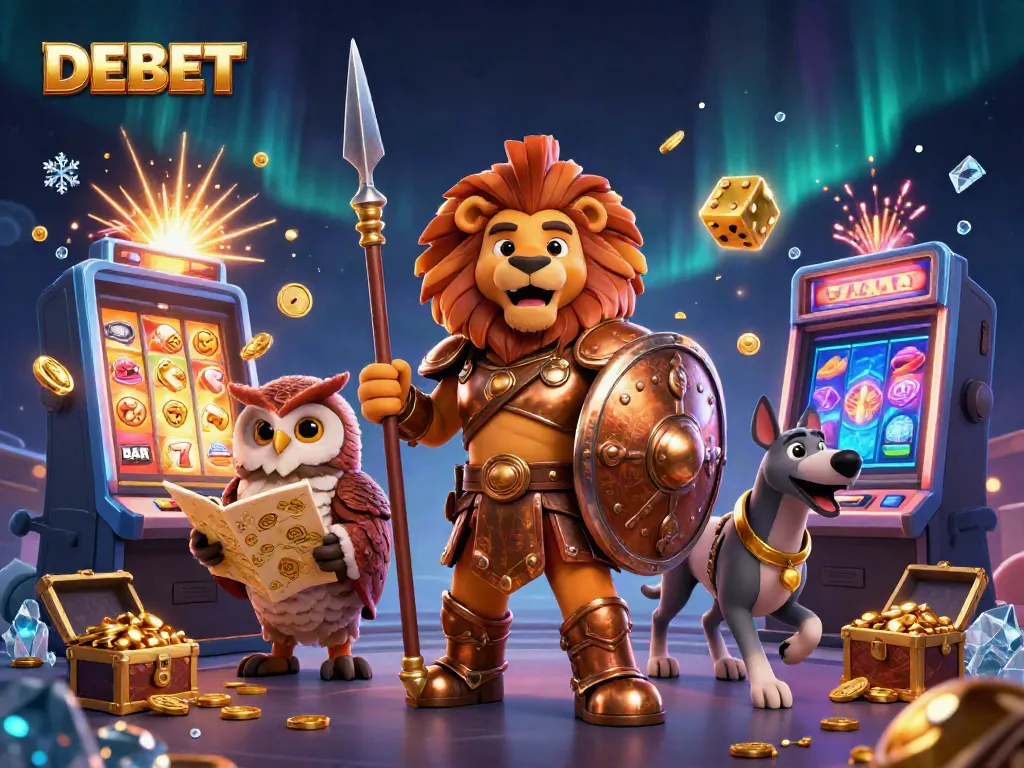 Engage with dynamic DEBET gaming experience featuring a Spartan lion, owl strategist, and greyhound amidst casino elements.