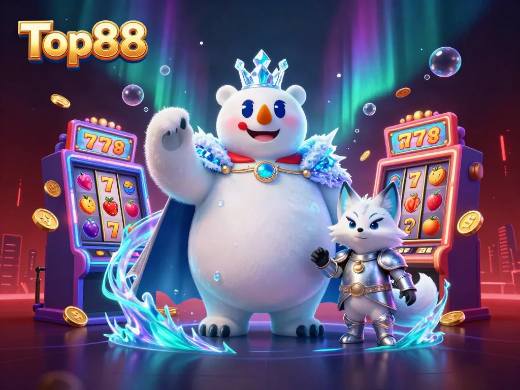 Join the adventure at Top88 with a vibrant scene featuring a polar bear king and a fox in a casino.
