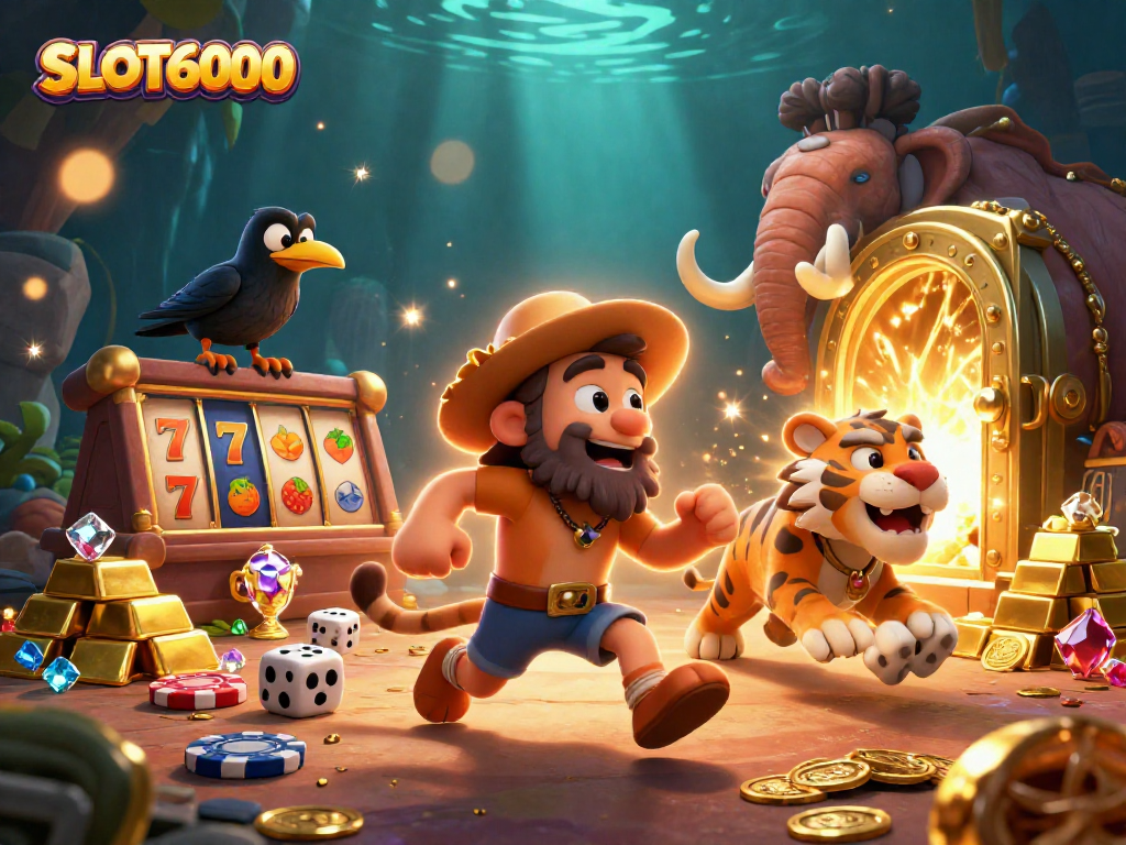 SLOT6000 invites players to a vibrant prehistoric casino scene with cavemen, slot reels, and treasures.