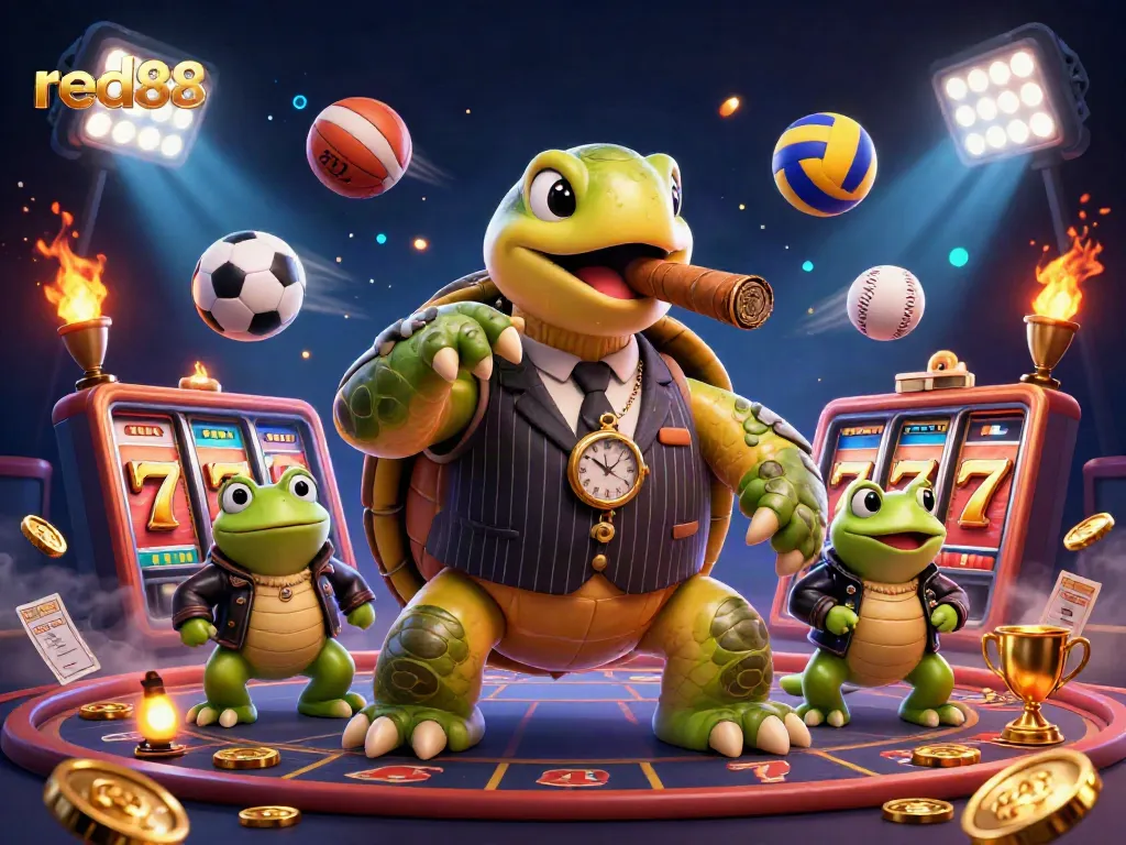 Experience the thrill of gaming at red88 with an exciting scene featuring a snapping turtle in a casino.