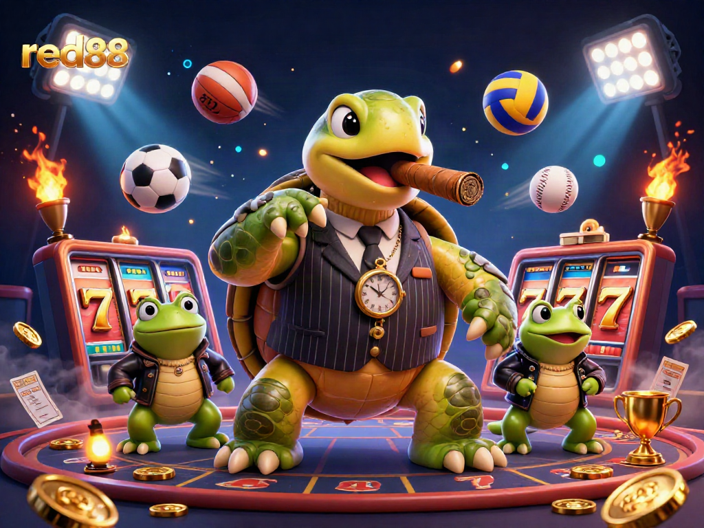 Experience the thrill of gaming at red88 with an exciting scene featuring a snapping turtle in a casino.