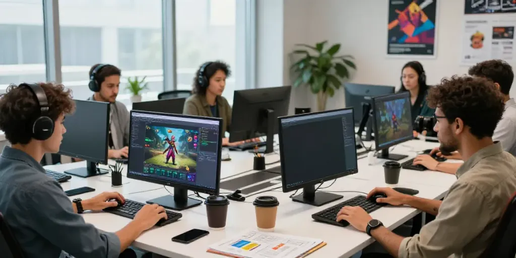 Team of developers collaborating on kayu77 online gaming project in a modern office.