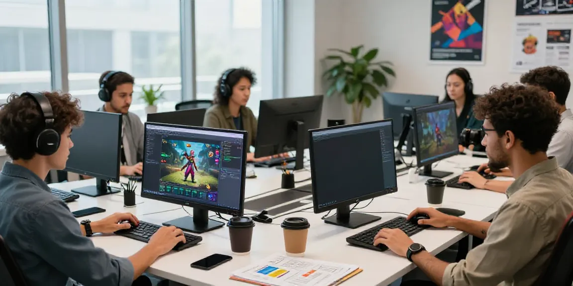 Team of developers collaborating on kayu77 online gaming project in a modern office.