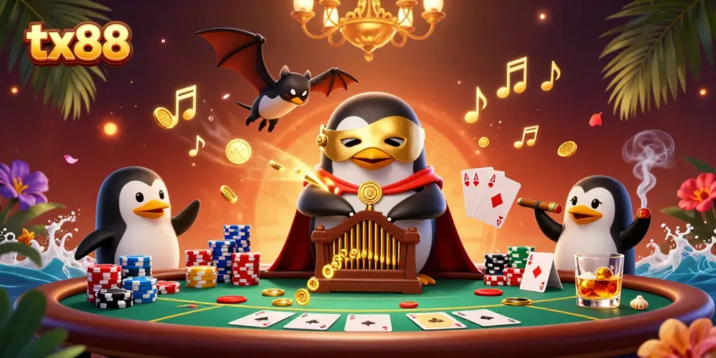 Experience thrilling action with tx88 as a penguin plays golden tunes amidst vibrant casino elements.