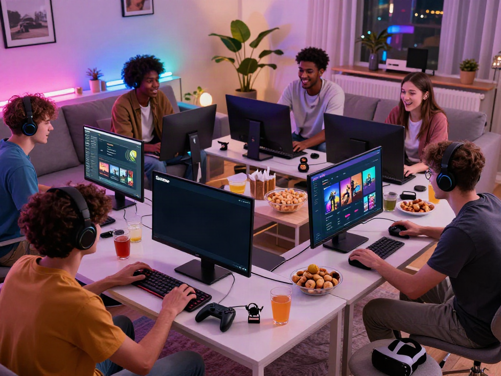Players enjoying the Sunwin online gaming experience in a lively home setting.