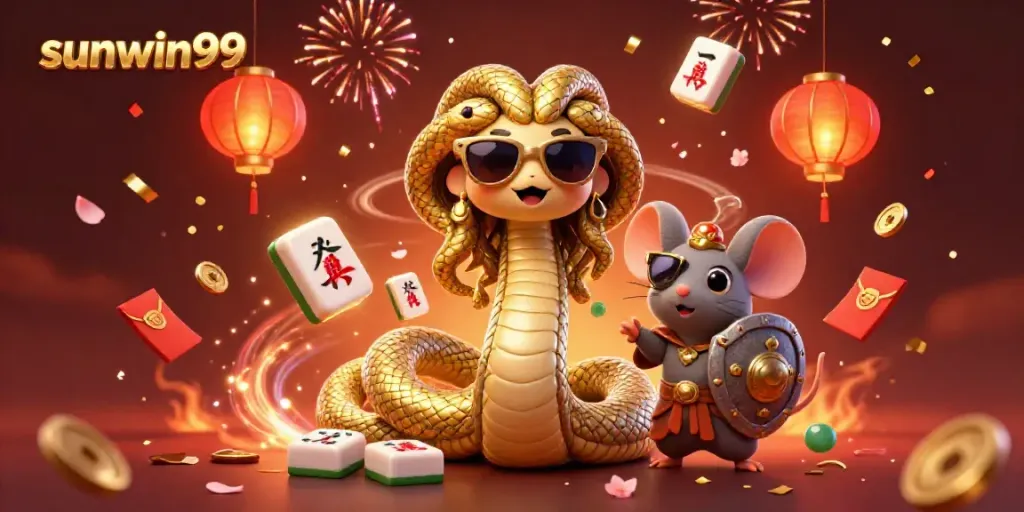 Engage with the vibrant scene of sunwin99 featuring a friendly Medusa, warrior mouse, and exciting casino elements.