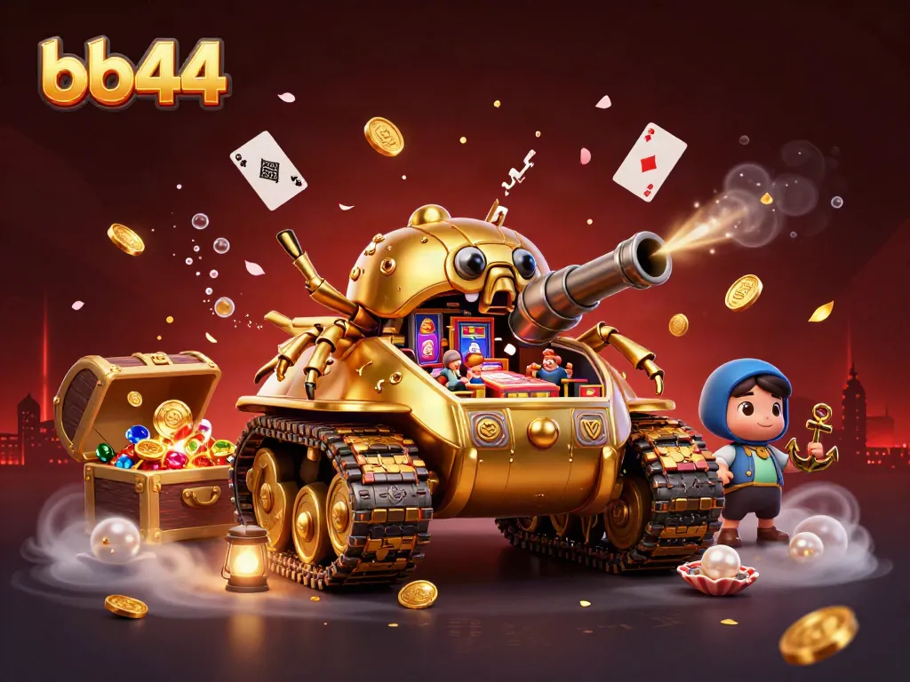 Engage with bb44's dynamic casino scene featuring a golden beetle tank and vibrant gambling elements.