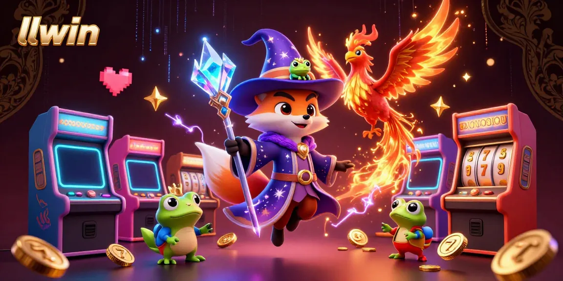Experience thrilling gaming at llwin with a magical 3D illustration featuring a wizard and vibrant casino elements.