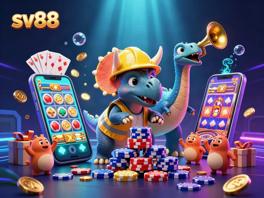 Experience the excitement of sv88 with fantasy creatures celebrating wins at a vibrant online casino scene.