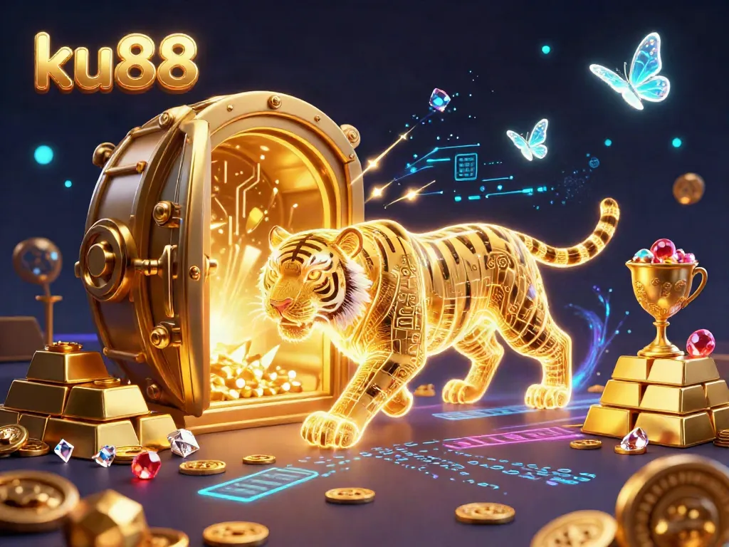 Engage with the dynamic casino experience at ku88 featuring a glowing tiger, treasure, and casino elements.