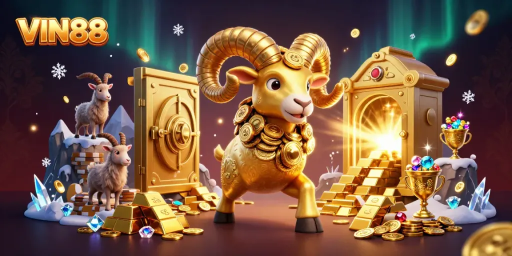 Experience thrilling entertainment at VIN88 with the golden ram amidst treasures and casino excitement.