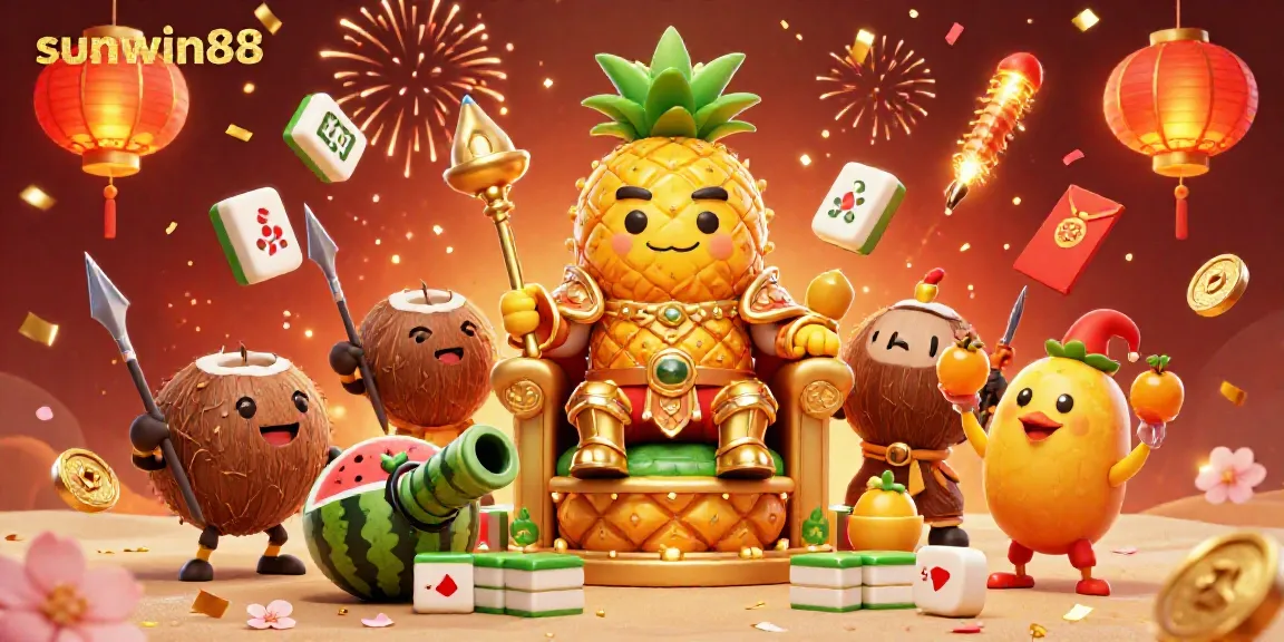 Experience the lively excitement of sunwin88 with a grand golden pineapple king at a vibrant beach casino.