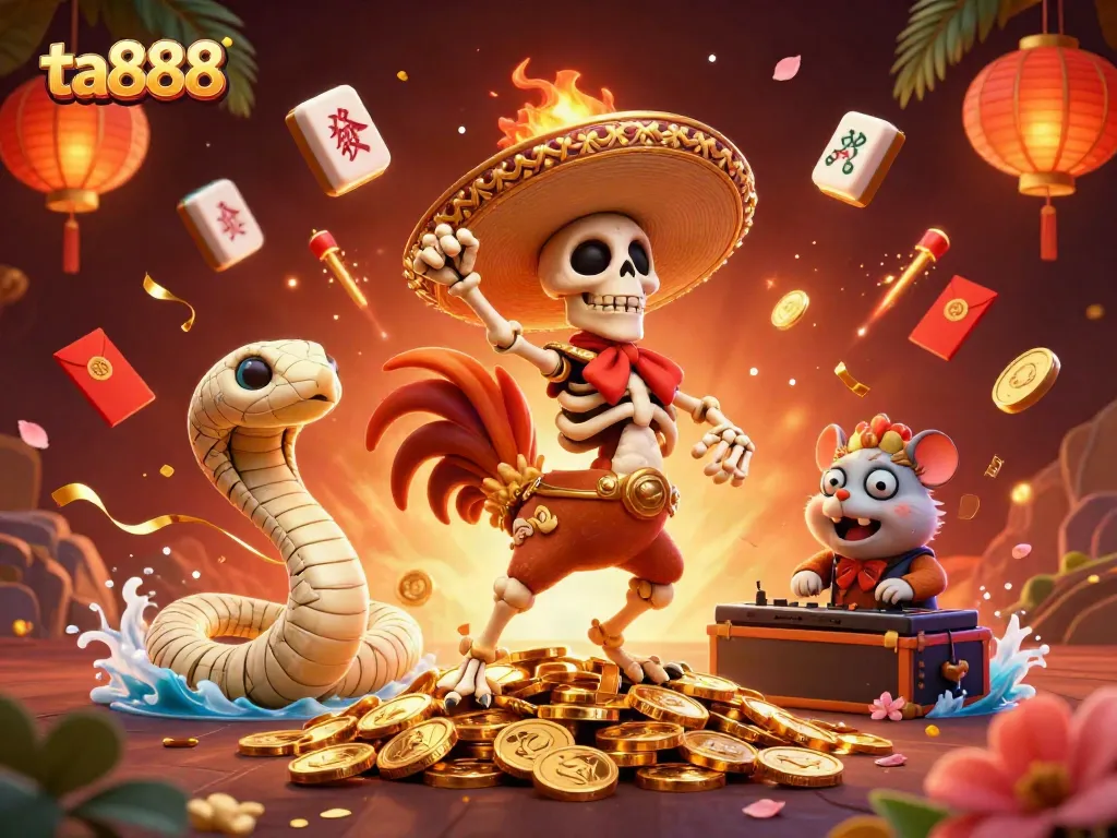 Experience thrilling wins at ta888 with a vibrant scene featuring a dancing mariachi rooster and festive casino elements.