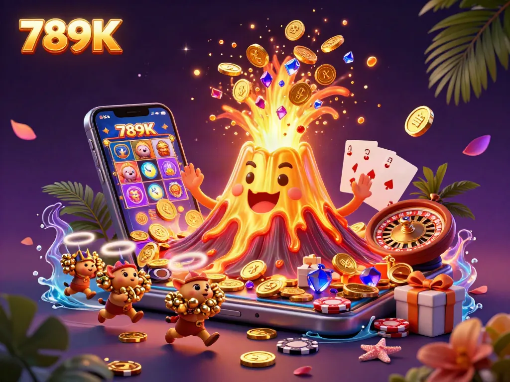 Experience the thrilling eruption of luck and treasures at 789K's online casino, featuring vibrant game elements.