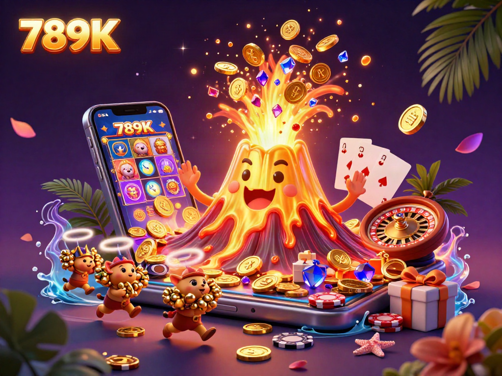 Experience the thrilling eruption of luck and treasures at 789K's online casino, featuring vibrant game elements.