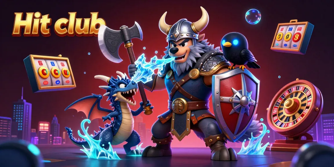 Join the Hit club gaming adventure with a Viking wolf warrior, fierce dragon, and glowing casino elements.