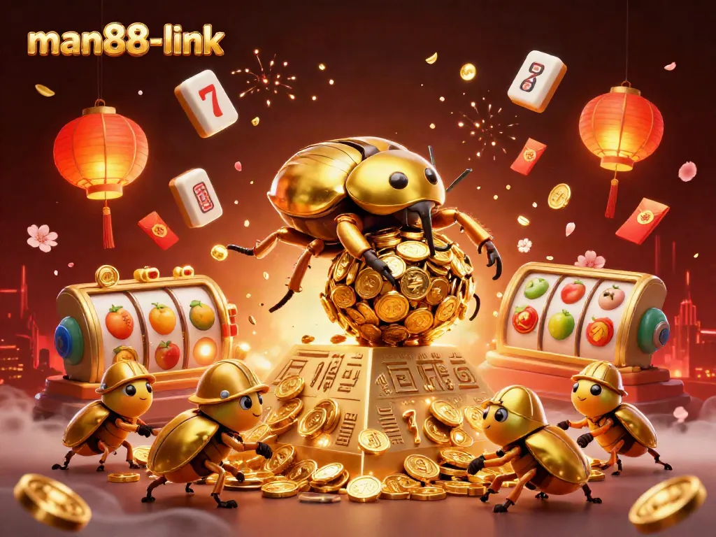 Experience the excitement of man88-link through this dynamic illustration, featuring golden beetles and vibrant casino elements.