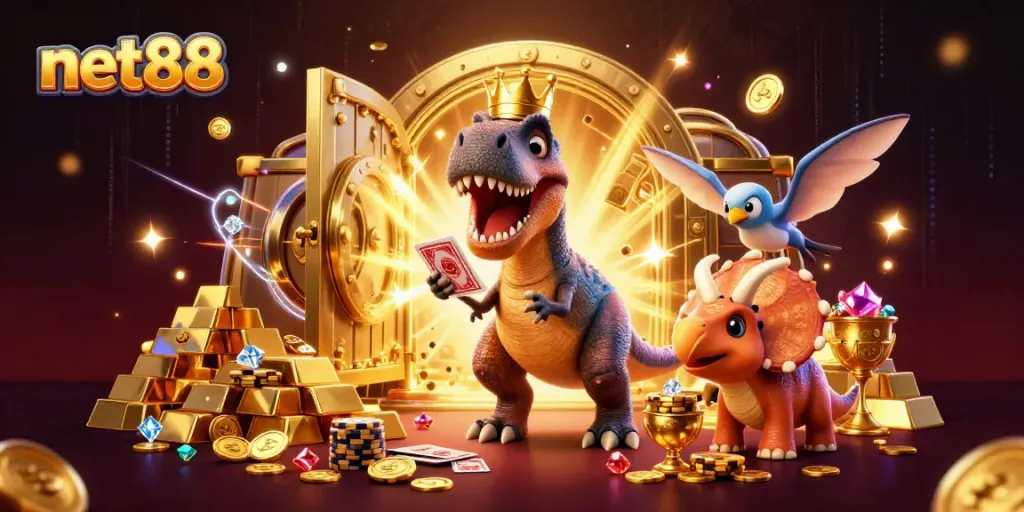 Experience net88 with a lively scene of cartoon dinosaurs playing casino games amidst treasures and glimmering gems.
