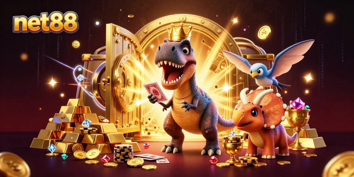 Experience net88 with a lively scene of cartoon dinosaurs playing casino games amidst treasures and glimmering gems.