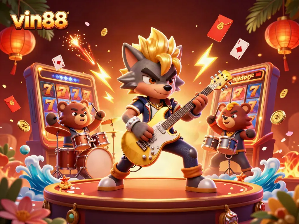Experience the excitement of vin88 with a dynamic casino scene featuring characters and slot elements.