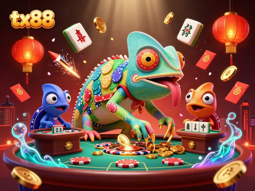 Engage in exciting gameplay at tx88 with vibrant casino elements and dynamic chameleon character.