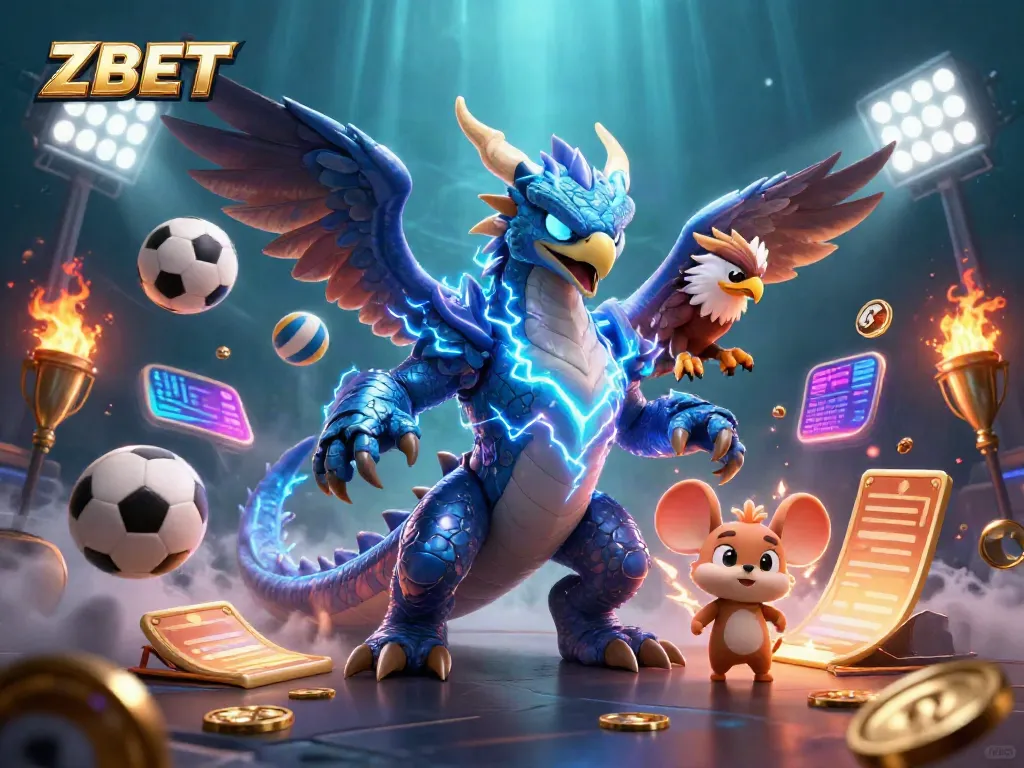 ZBET promotional illustration featuring a thunder dragon and sports elements in a dynamic casino scene.