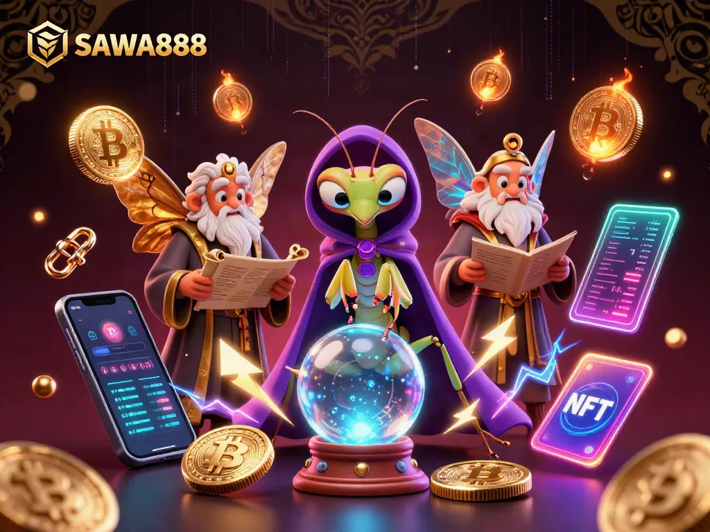 Experience SAWA888 magic with a fortune teller and oracles, showcasing crypto elements in a vibrant scene.