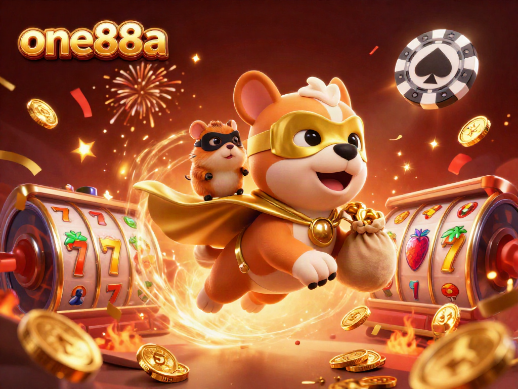 Experience thrilling action with one88a as our cartoon superhero dog and hamster soar with gold coins amid festive casino elements.