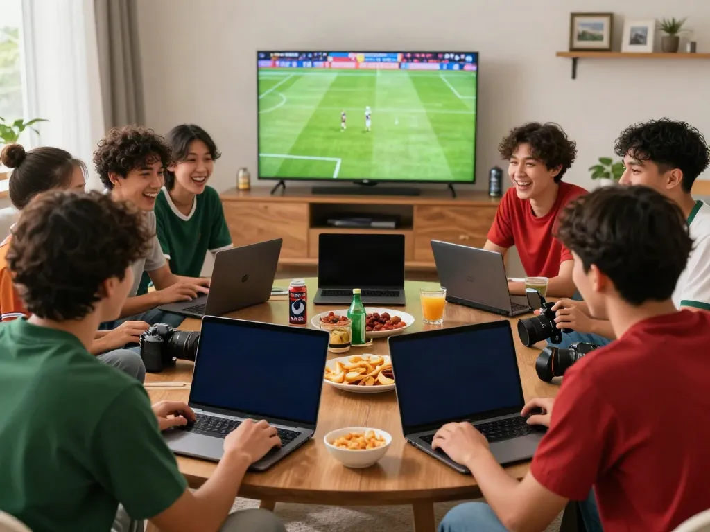 Group of friends engaging with MANTUL88 for World Cup predictions, lively gaming atmosphere.
