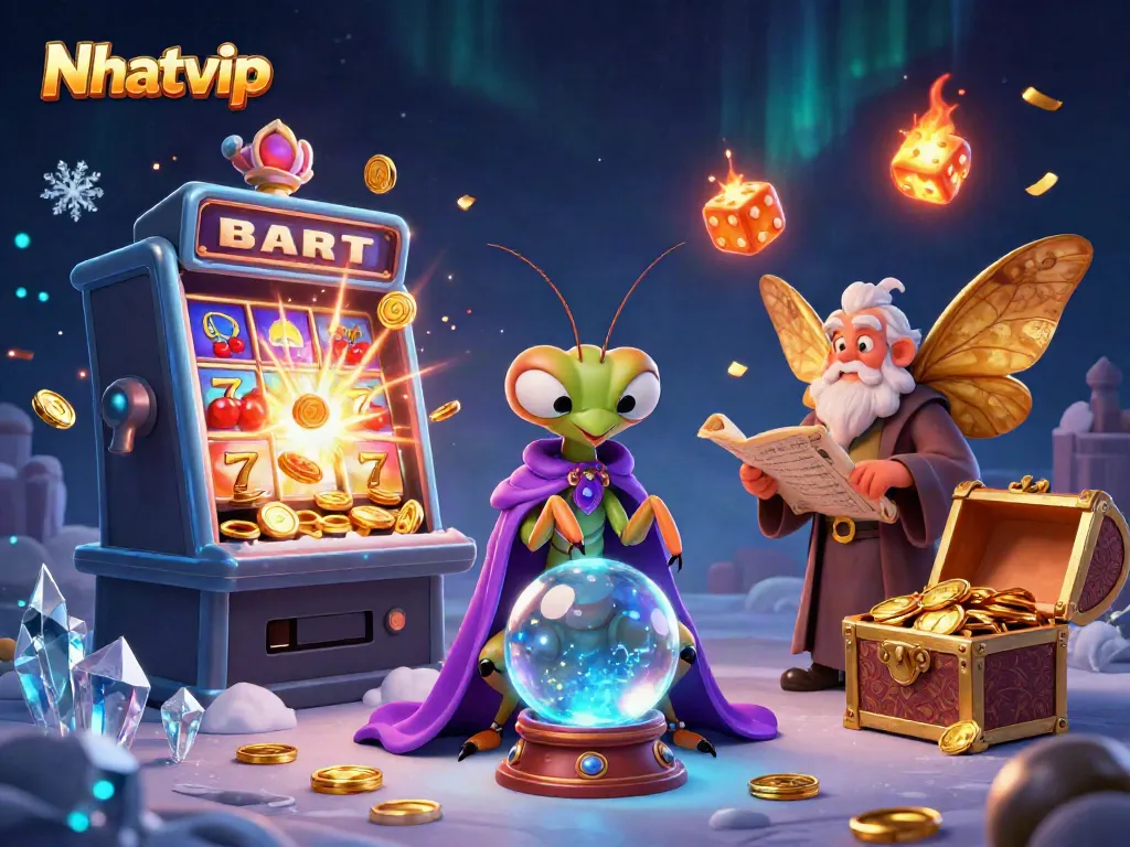Nhatvip engaging players with 3D characters around a jackpot slot machine and colorful casino elements.
