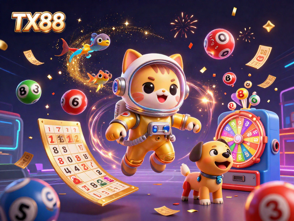 Engage with exciting lottery games and chances to win big at TX88, floating through an animated cosmic casino world.