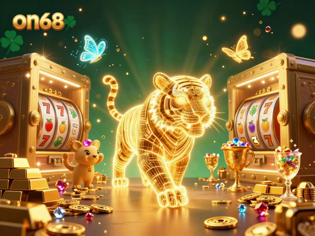Engage with the on68 casino experience featuring a neon tiger and treasure in a vibrant digital landscape.