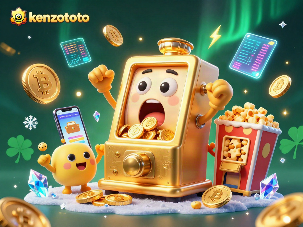 Explore kenzototo's thrilling jackpot moment with a golden slot machine bursting coins in this vibrant illustration.