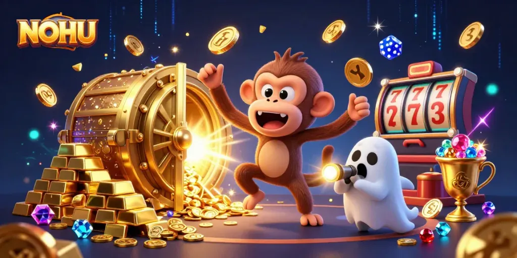 Engage with the NOHU casino scene featuring a mischievous monkey and ghost-hunter puppy amidst dazzling jackpots.