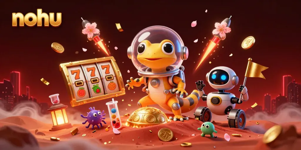 Nohu online casino scene with a Martian gecko discovering a golden casino amidst vibrant elements and joyful bacteria.