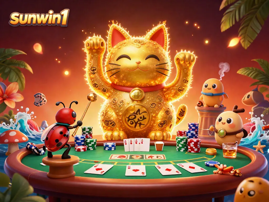 Players win big at sunwin1 with a dynamic scene of exciting gambling elements and a lucky cat mascot.