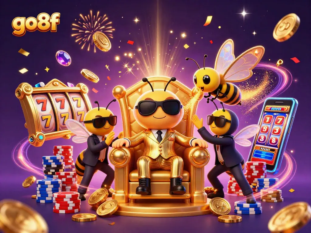 Spin and win at go8f with vibrant slot reels, golden coins, and dynamic gaming elements.