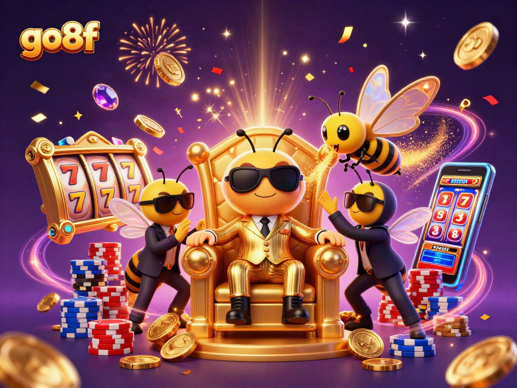Spin and win at go8f with vibrant slot reels, golden coins, and dynamic gaming elements.