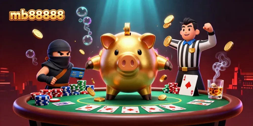 Engage with mb888888 as a golden piggy bank sumo wrestler creates excitement with falling coins in a vibrant casino