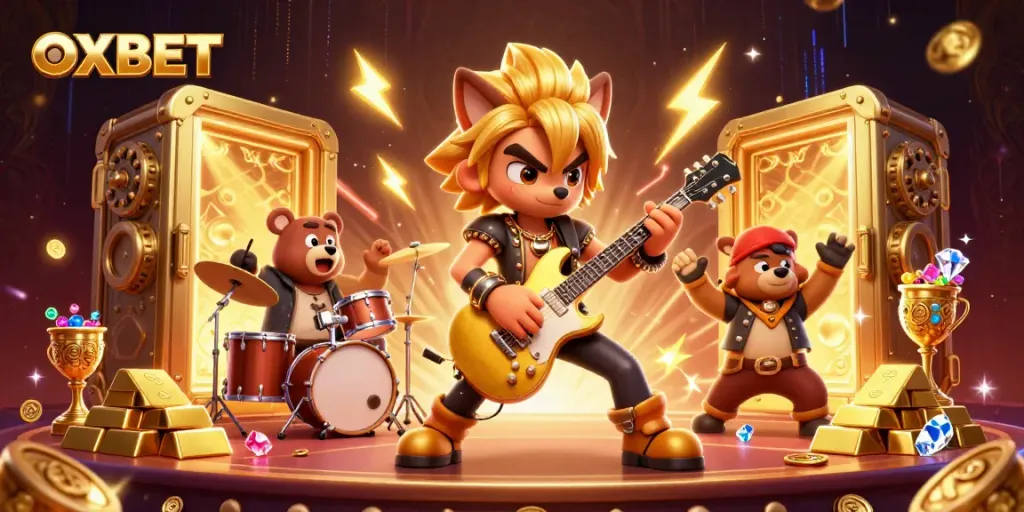 Engage with OXBET’s thrilling 3D casino scene featuring vibrant game elements and a rock star performance.