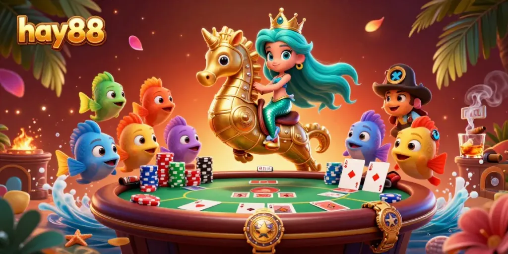 Experience the excitement of hay88 with a colorful underwater casino scene featuring a mermaid, seahorse, and poker elements.