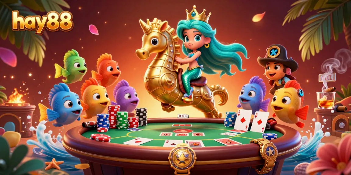 Experience the excitement of hay88 with a colorful underwater casino scene featuring a mermaid, seahorse, and poker elements.