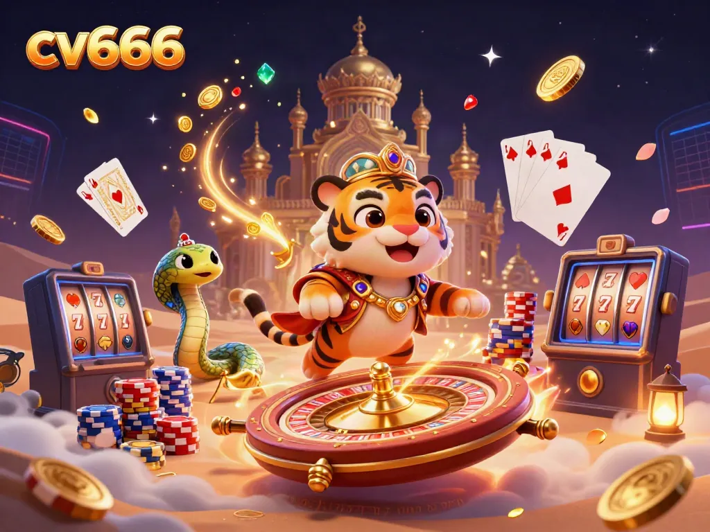 Experience the enchanting world of cv666 with a cartoon tiger sultan on a poker chip carpet, surrounded by dazzling casino elements.