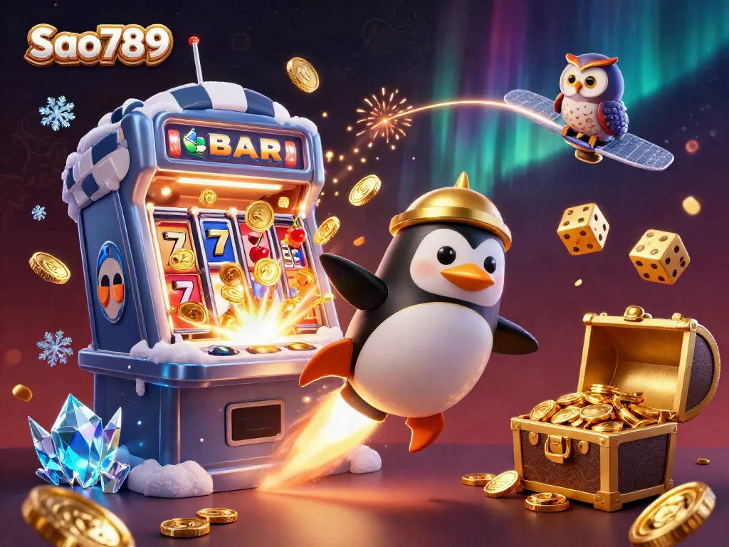 Sao789 brings a thrilling casino experience with a golden penguin in a dynamic gambling scene.