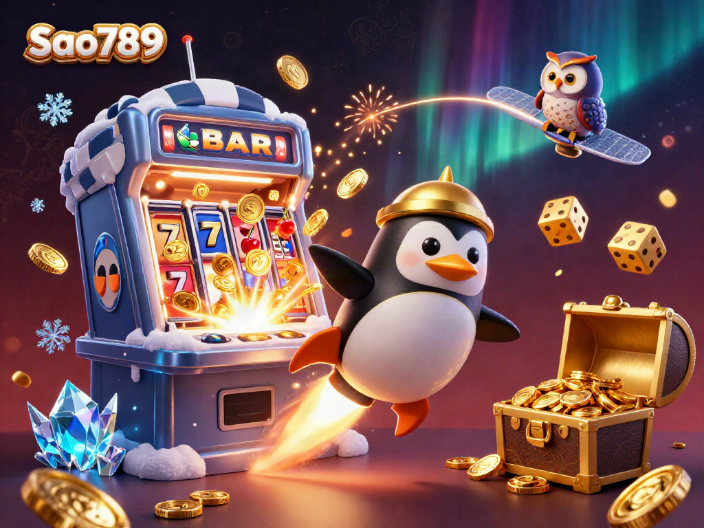 Sao789 brings a thrilling casino experience with a golden penguin in a dynamic gambling scene.