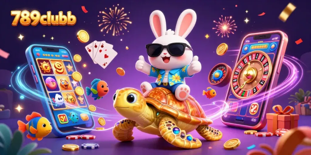 Experience the thrill of 789clubb with a lucky rabbit, sea turtle, and colorful casino elements in 3D.