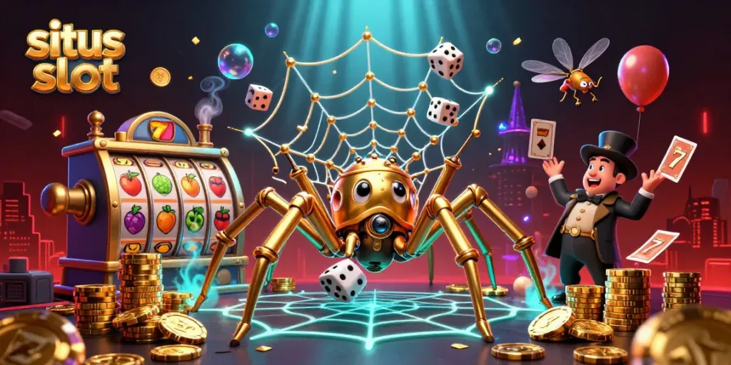 Situs slot menampilkan laba-laba steampunk terperangkap dalam jaring mengumpulkan dadu sial.