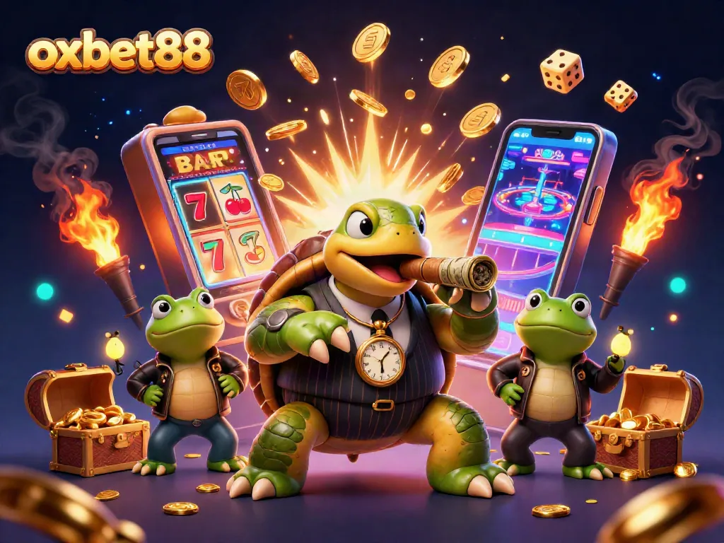 Spin and win at oxbet88's exciting casino with a vivid 3D scene featuring a snapping turtle and vibrant game elements.