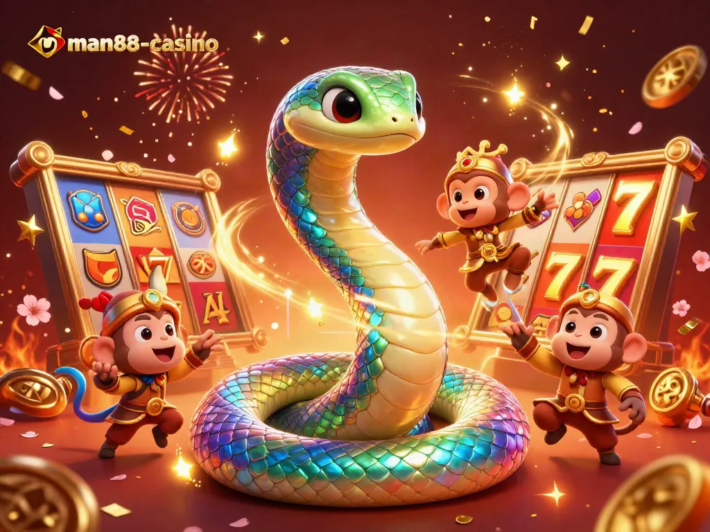 Experience dynamic gameplay at man88-casino with a vibrant jackpot scene featuring a colorful serpent.